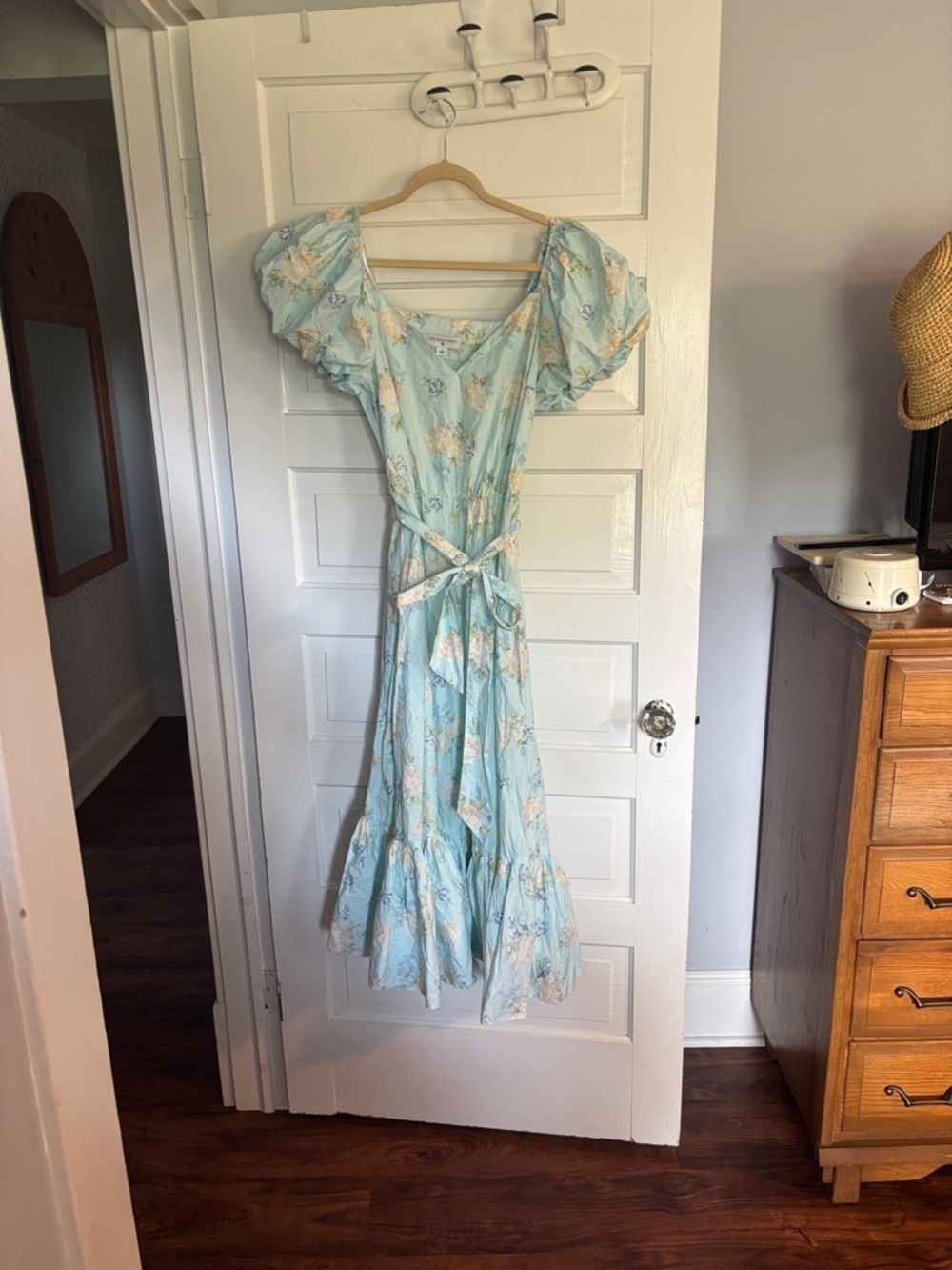 LoveShackFancy Light Blue Floral Maxi Dress with Puff Sleeves
